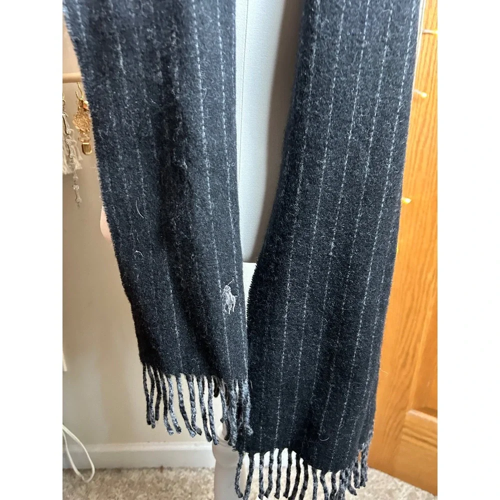 Polo Ralph Lauren Scarf Reversible‎ Gray Plaid Striped Made in Italy Preppy Chic